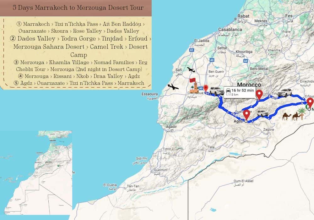 5 Days Marrakech to Merzouga Desert Tour Map – route via Atlas Mountains, Ait Benhaddou, Ouarzazate, Dades Valley, Todra Gorge, Merzouga Sahara, and Draa Valley