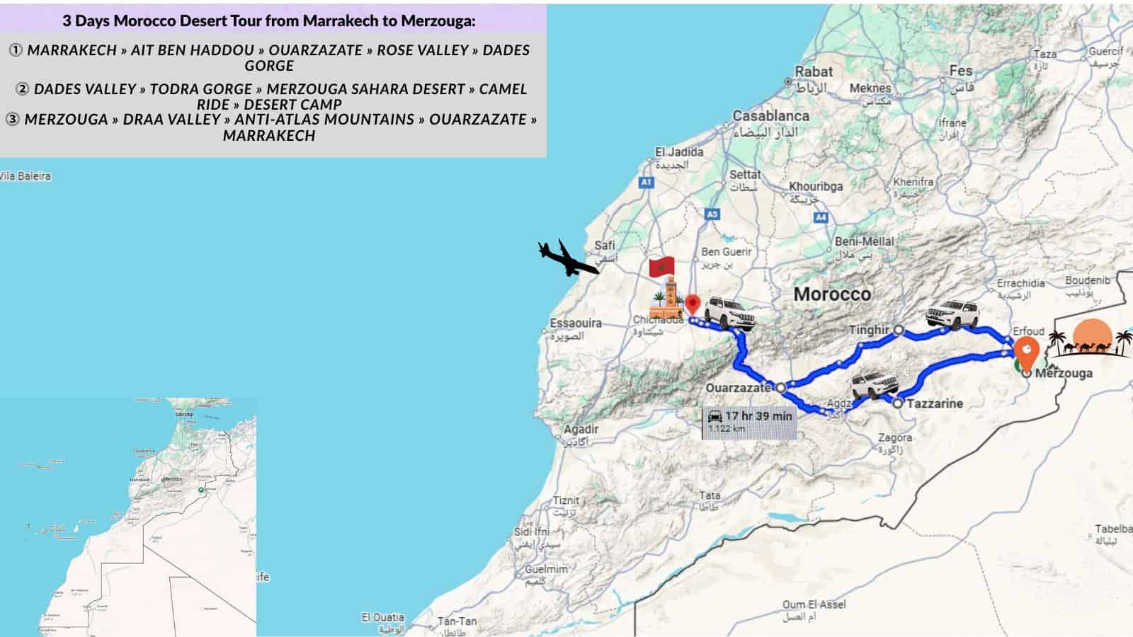 3-Day Morocco Desert Tour Map
