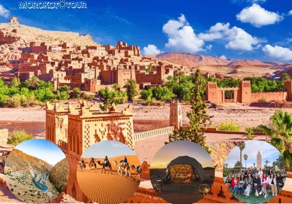 Ancient mudbrick village of Aït Benhaddou surrounded by desert hills.