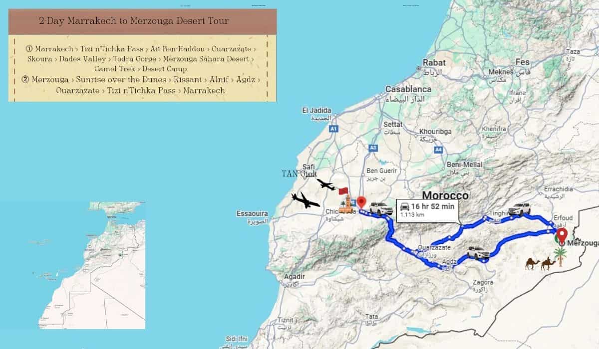 2 days Fes to Merzouga desert tour map