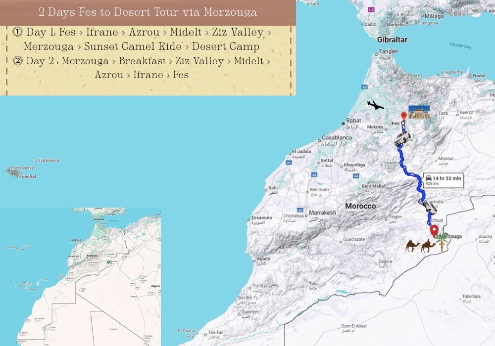 2 Days Fes to Merzouga Desert Tour Map 2 days Fes to Merzouga desert tour map