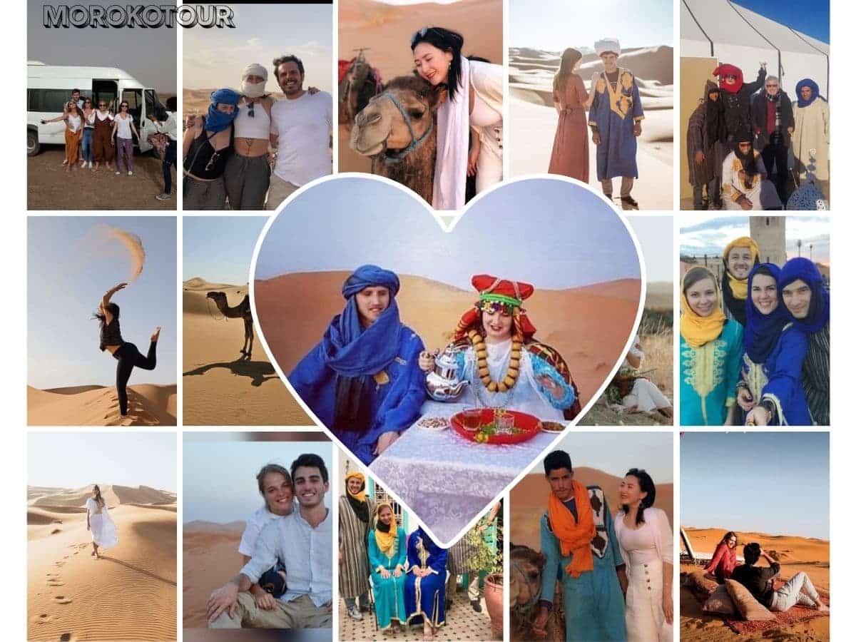 Camel caravan through Erg Chebbi dunes at sunset