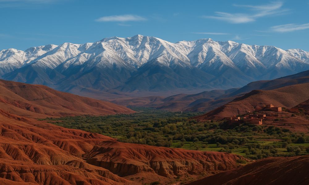 High Atlas Mountains Pass โ Marrakech to Merzouga Route Scenic mountain pass road winding through the High Atlas Mountains on the way from Marrakech to the Sahara Desert.