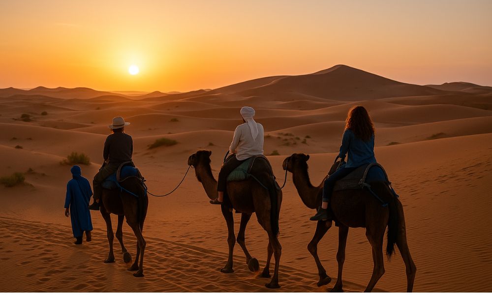 Title: Camel Caravan in Erg Chebbi โ 2 Days Marrakech to Merzouga Tour Travelers riding camels across the Erg Chebbi dunes at sunset during the 2 Days Marrakech to Merzouga Desert Tour.