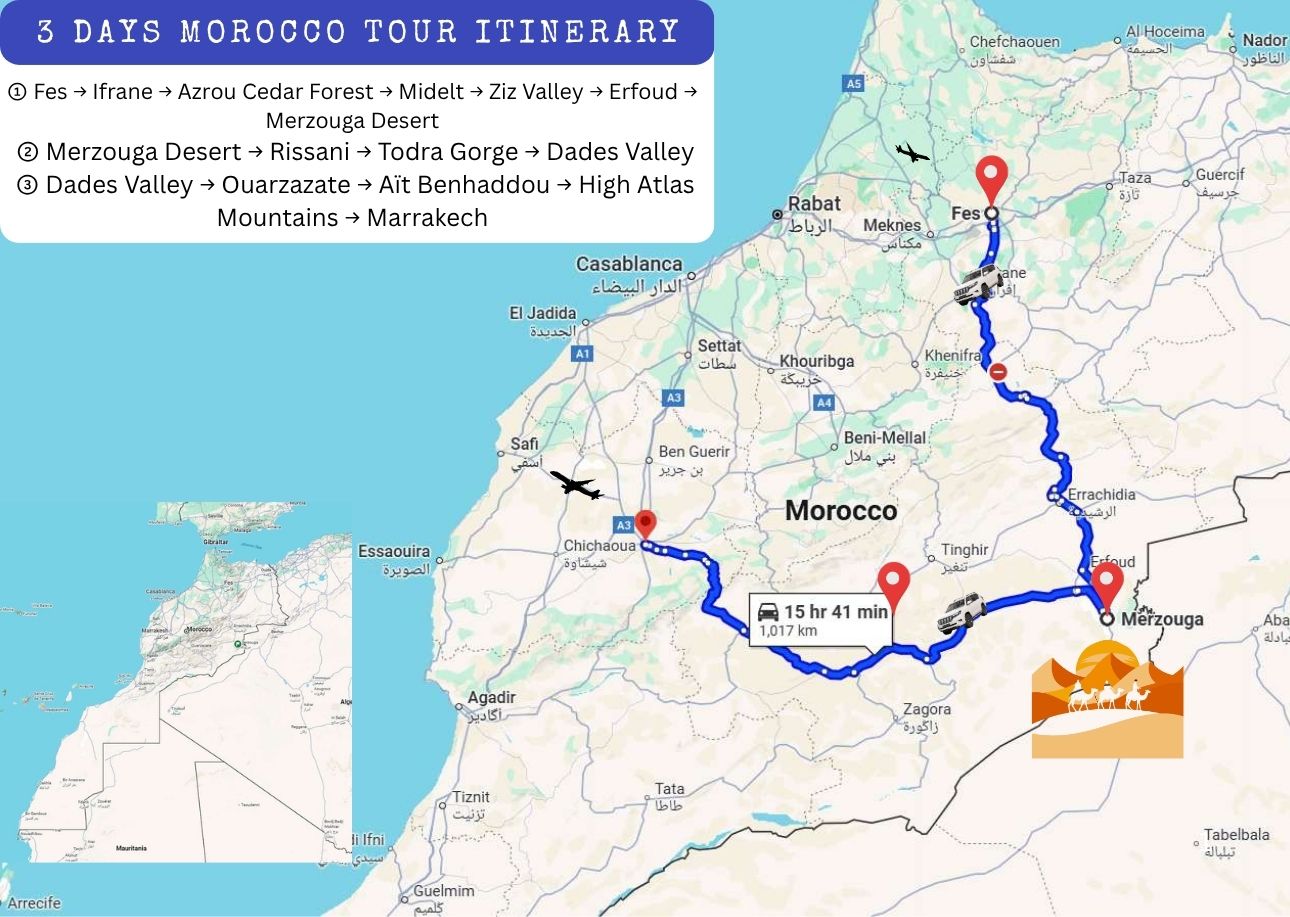 Route map of the 3 Days Desert Tour from Fes to Marrakech via Merzouga – showing main stops like Ifrane, Azrou, Ziz Valley, Merzouga, and Aït Benhaddou